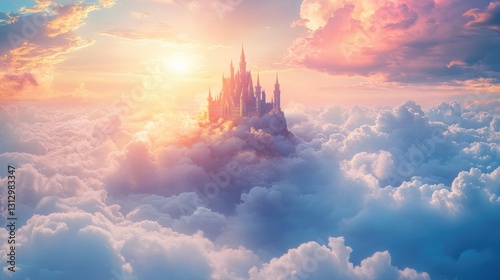 Dreamy castle in the clouds at sunrise with vibrant colors and ethereal atmosphere, fantasy landscape