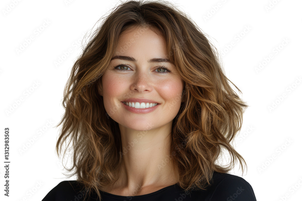 Smiling woman with wavy hair poses against a light background in a casual setting Smiling woman with wavy hair poses against a light background in a casual setting