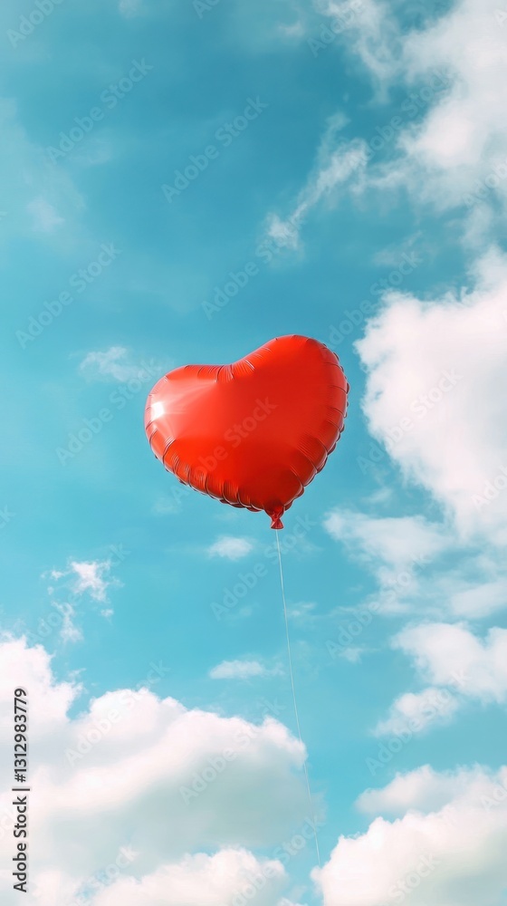 Heart-shaped balloon floating against a blue sky with clouds Heart-shaped balloon floating against a blue sky with clouds