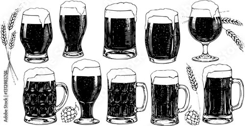 A detailed vector illustrations of a beer glasses with hops and wheat ears in a vintage style. The black and white beer set. Transparent background PNG cutout