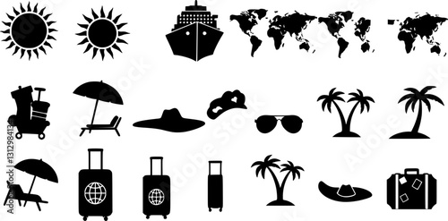summer travel icon set. holiday tour icons for app and website containing hotel sun camp mountain drink plane island. transparent png and vector.
