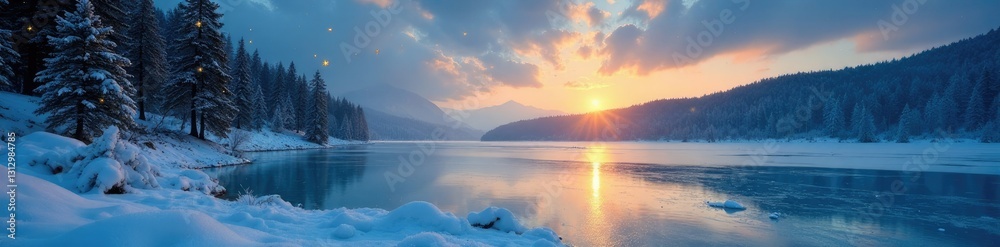 Fototapeta premium Frozen lake with golden stars and trees surrounding it, frozen terrain, icy surface