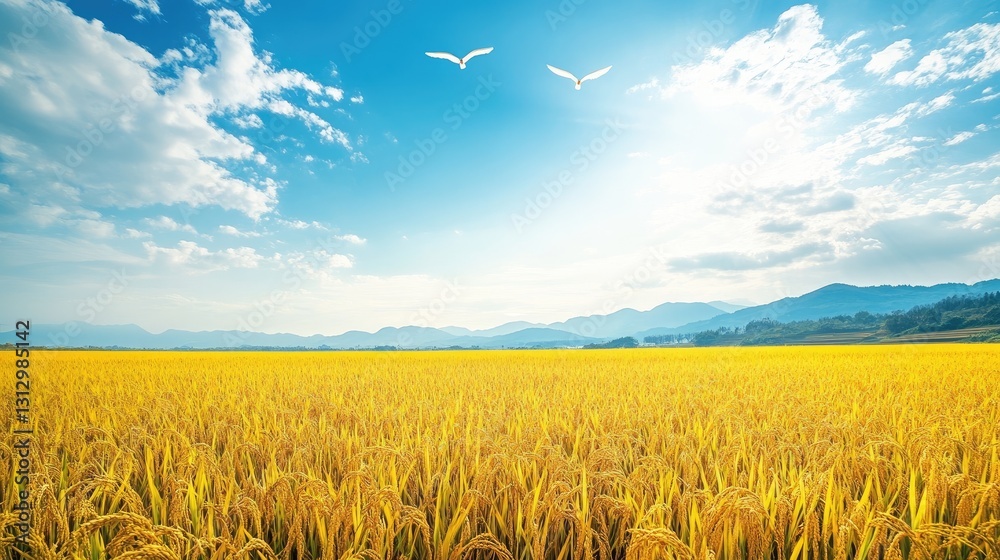 Obraz premium Vast Golden Rice Field Under Blue Sky with Birds Flying Above and Mountain Range in the Background