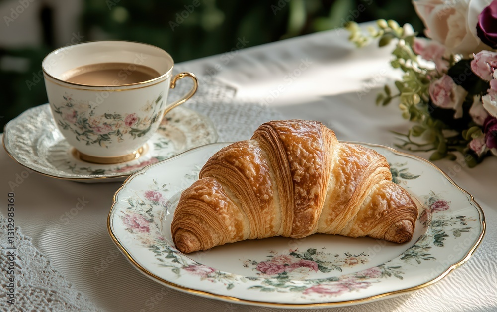 Buttery croissant, coffee, floral table, sunlit room, breakfast Buttery croissant, coffee, floral table, sunlit room, breakfast