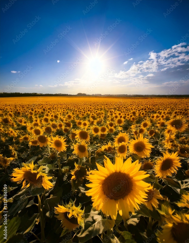 Fototapeta premium Sunflowers against the background of a field and blue sky