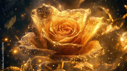 Golden Rose with Sparkling Glitter Effects, Elegant Floral Background, Artistic Flower Design, Romantic, Magical Vibe