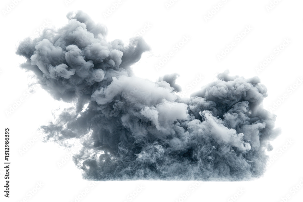 Dense gray smoke billowing and swirling in a dramatic display against a clear background Dense gray smoke billowing and swirling in a dramatic display against a clear background