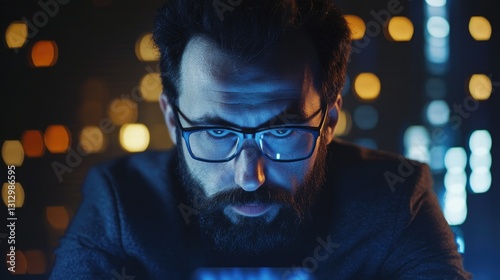 Night Focus, Bearded Man Concentrating on a Screen in a City at Night
