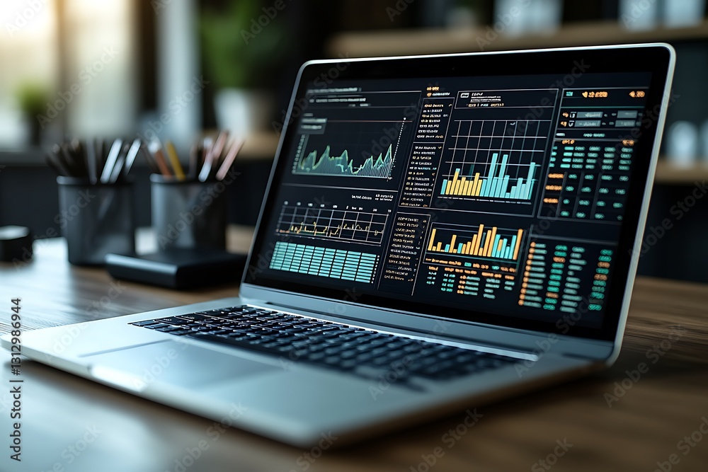 Silver Laptop Displaying Data Charts and Graphs on Dark Wooden Table