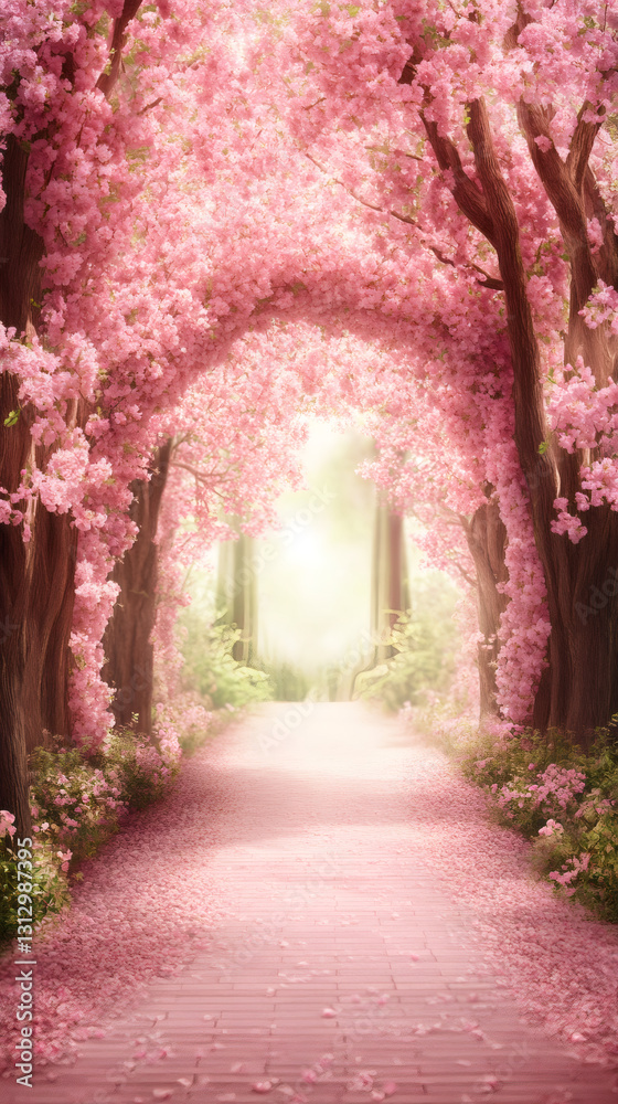 Obraz premium Delicate pink cherry blossoms carpeting forest pathway, framing scenic woodland arch during spring flowering season