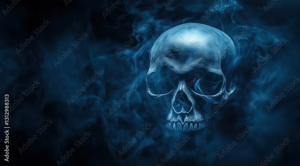 Fototapeta premium A detailed skull surrounded by swirling blue smoke against a dark background.