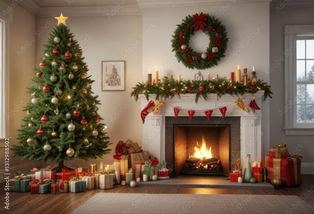Holiday-themed mantel with a Christmas tree and festive decorations, holiday themed, , lights Holiday-themed mantel with a Christmas tree and festive decorations, holiday themed, , lights