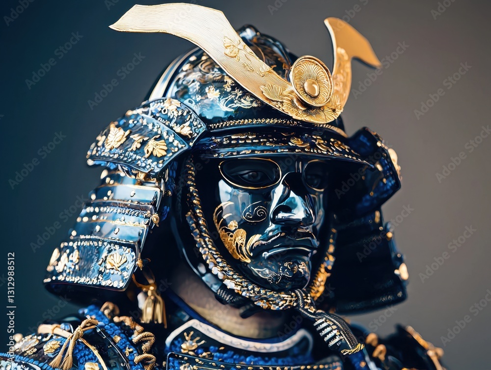 Obraz premium Intricate Samurai Armor: A detailed view of dark blue armor adorned with gold accents, showcasing exquisite craftsmanship and historical significance.