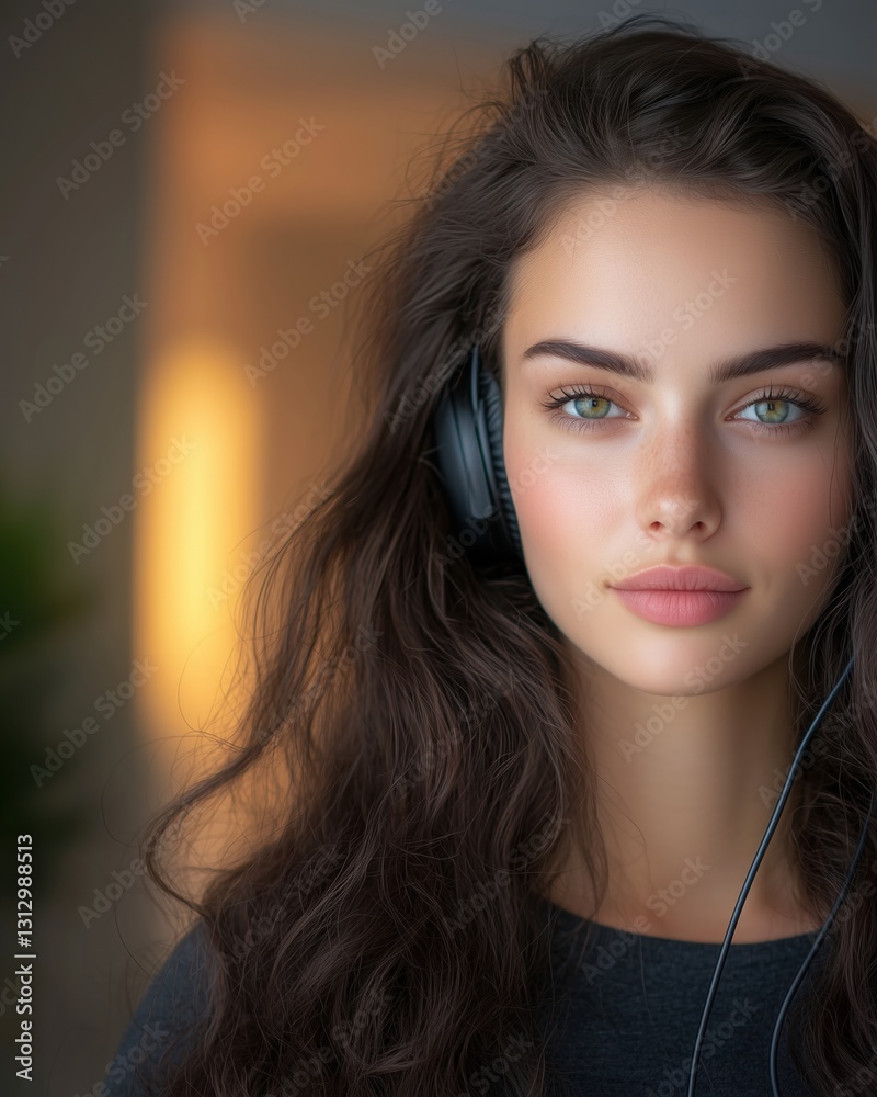 A young woman with long, wavy hair wearing headphones, looking directly at the camera with a soft expression. A young woman with long, wavy hair wearing headphones, looking directly at the camera with a soft expression.