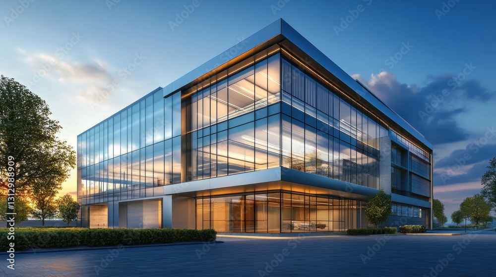 Modern glass office building with a sleek design and surrounding greenery at sunset. Modern glass office building with a sleek design and surrounding greenery at sunset.