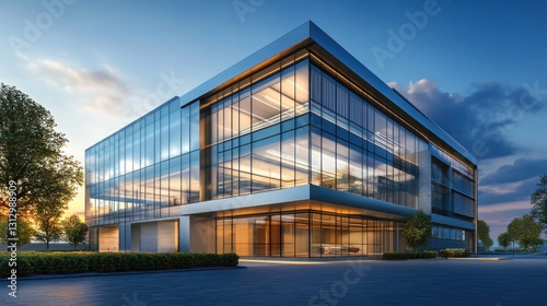 Wallpaper Mural Modern glass office building with a sleek design and surrounding greenery at sunset. Torontodigital.ca