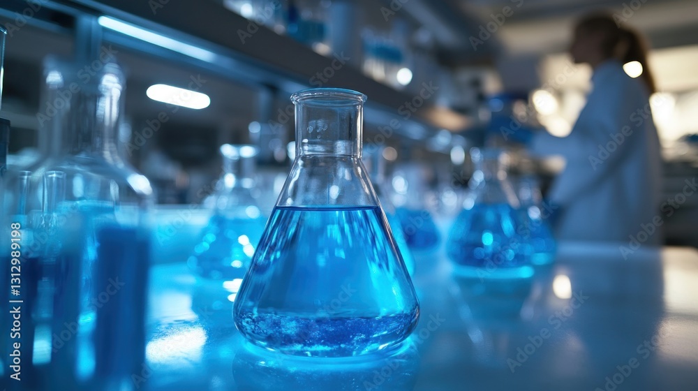 Laboratory scene with blue liquids, researcher in background Laboratory scene with blue liquids, researcher in background