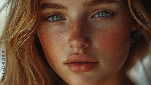 Close-up Portrait of a Young Woman with Freckles and Blue Eyes