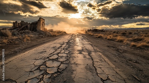 Deserted road, ruined building, sunset, dust storm, western landscape, travel photography