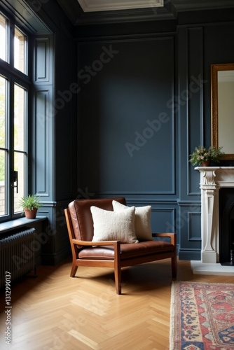 Modern interior of living room with leather armchair on wood flooring and dark blue wall	 modern living room with sofa