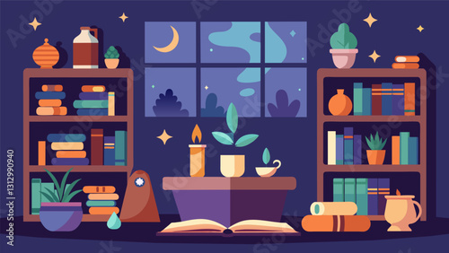 The home library becomes a haven for relaxation and focus with the calming scents of frankincense and patchouli ideal for reading or studying.. Vector illustration