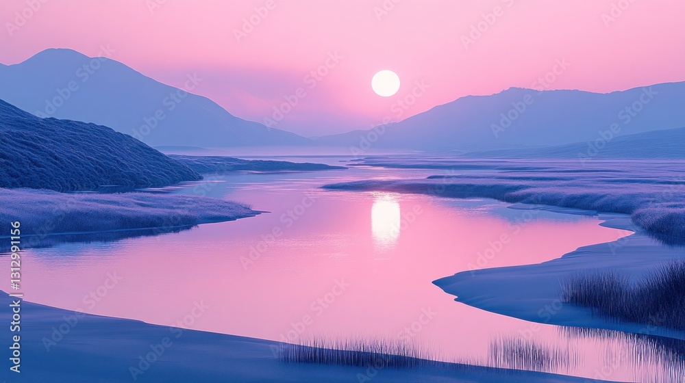 Fototapeta premium Pink Sunrise Over Misty River Valley