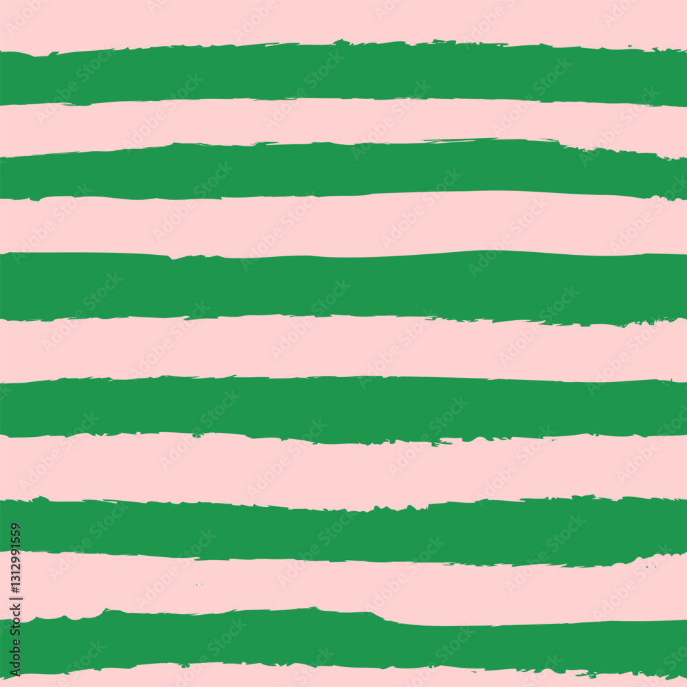 Obraz premium Horizontal stripe seamless repeat pattern in bright green and soft pink. Grunge torn texture jagged vector cabana stripe for apparel, packaging, fabric, swim, wallpaper, spring.