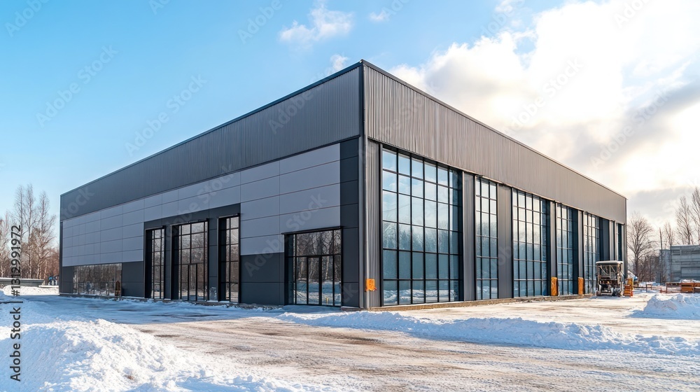 Modern industrial building with large windows, set in a snowy landscape. Modern industrial building with large windows, set in a snowy landscape.