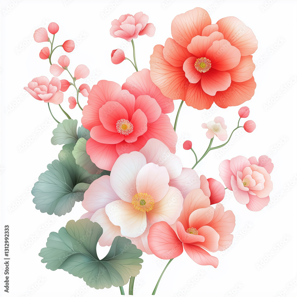 begonias, dense arrangement, high resolution on white background, Watercolor botanical whimsical illustration art style begonias, dense arrangement, high resolution on white background, Watercolor botanical whimsical illustration art style