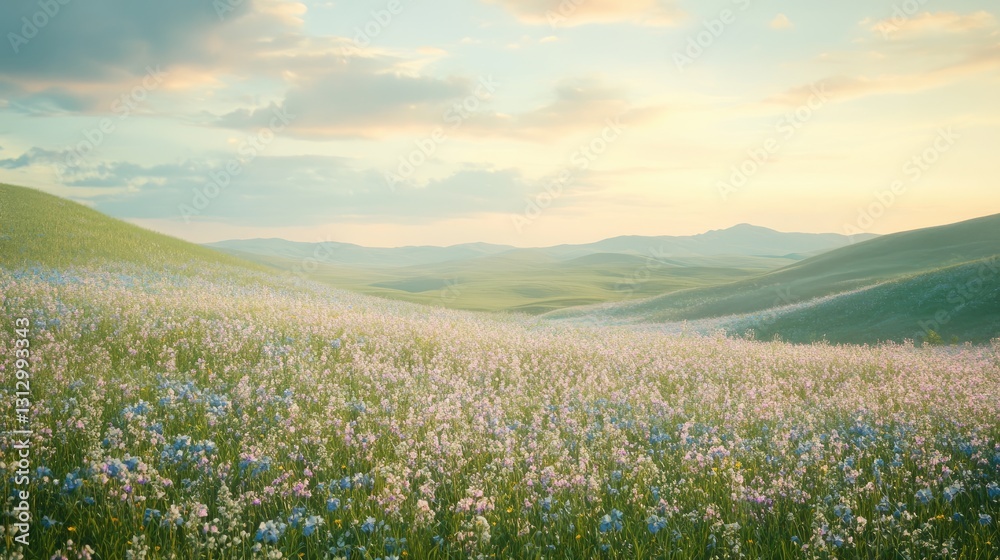 Serene Landscape of Wildflowers Blooming Under a Soft Sunset Sky in Rolling Hills Serene Landscape of Wildflowers Blooming Under a Soft Sunset Sky in Rolling Hills