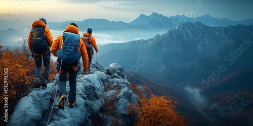Two people on a mountain representing the thrill of climbing and adventure in a scenic natural landscape