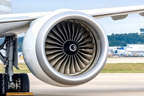 Huge turbofan engine of modern passenger airplane on the tarmac