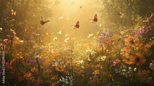 Vibrant Meadow Filled with Colorful Flowers and Butterflies Under Dappled Sunlight in a Serene Natural Landscape