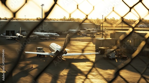 Aircraft at Sunset in a Busy Airport Hangar with Fencing