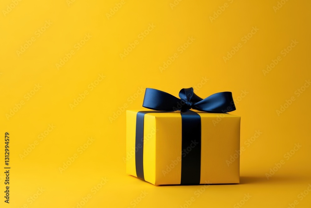 Vibrant yellow gift box with a sleek dark blue bow on a yellow background Vibrant yellow gift box with a sleek dark blue bow on a yellow background