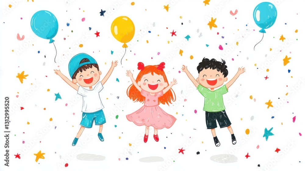 Joyful Children Jumping with Balloons and Colorful Confetti Background Joyful Children Jumping with Balloons and Colorful Confetti Background