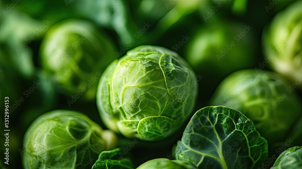 Fototapeta premium Fresh Green Brussels Sprouts with Leaves in Natural Light Background