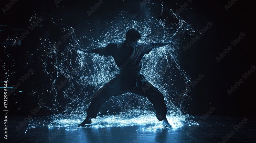 Fototapeta premium Dynamic Martial Artist Posing Amidst Blue Energy Effects