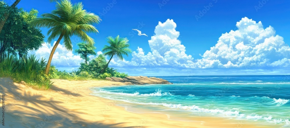 Tropical beach scene palm trees, sunny sky, ocean waves, vacation background