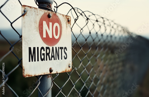 Wire fence with bold sign reading NO MIGRANTS highlighting restriction and exclusion in stark contrast against the background, symbolizing division, borders, and the challenges of migration issues
