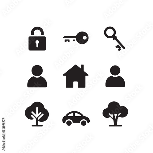 Home and Security Icons: A collection of simple, minimalist icons, including a padlock, keys, house, tree, person, and car, perfect for use in web design, apps, and user interfaces. 