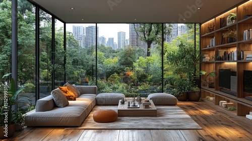 Modern living room with large windows showcasing a lush green view.