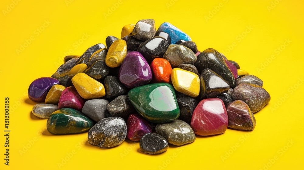 Assorted polished gemstones forming a rock pile on a bright yellow backdrop. Assorted polished gemstones forming a rock pile on a bright yellow backdrop.
