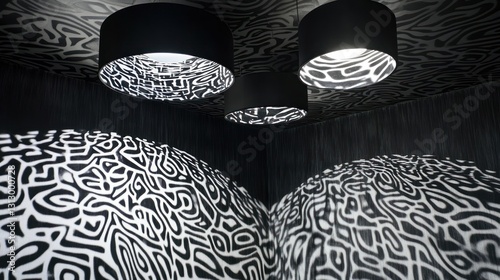 Abstract Interior Design, Black and White Patterned Walls, Modern Lighting Fixtures photo