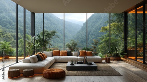 Modern living room with panoramic mountain views, emphasizing comfort and nature.