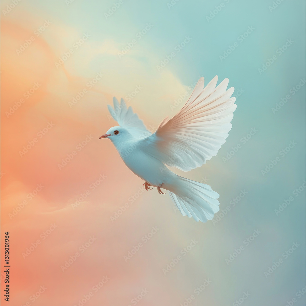 a white bird flying against a gentle gradient sky with shades of peach and turquoise. a white bird flying against a gentle gradient sky with shades of peach and turquoise.