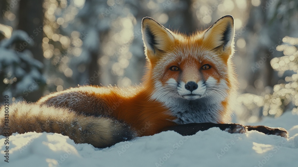 Red Fox Rests in Snowy Forest Red Fox Rests in Snowy Forest