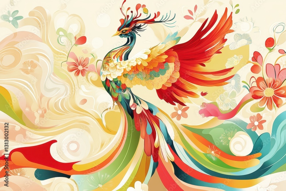 A vibrant illustration of a colorful mythical bird with floral elements A vibrant illustration of a colorful mythical bird with floral elements