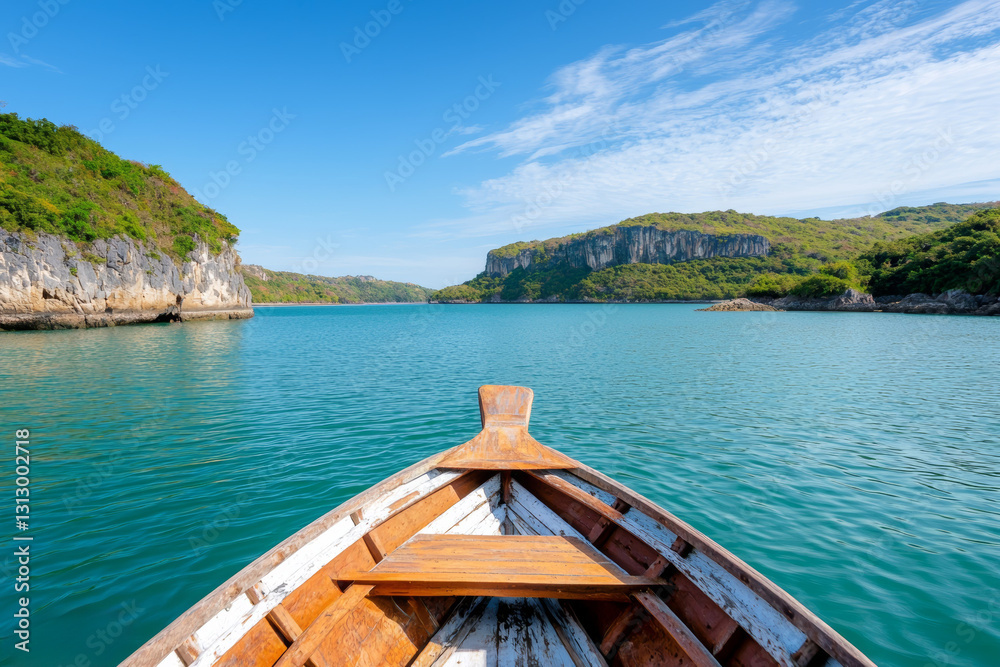 Boat is floating on a lake with a clear blue sky above Boat is floating on a lake with a clear blue sky above