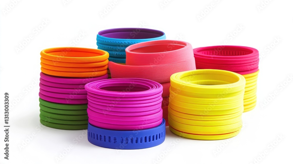 A collection of sports wristbands and headbands, neatly stacked on a bright white background. A collection of sports wristbands and headbands, neatly stacked on a bright white background.